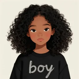 a shy dark skinned brazilian girl blushing, cute, black curly hair, wearing a black sweater with the word boy drawn on it, digital art, artstation, smooth