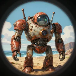 wholesome animation key shot, fish eye lens, intricate, hazmat explore rusty robot schwerer gustav!!!!, omaha beach, ambient occlusion, studio ghibli, pixar, disney concept art watercolor illustration by alena aenami, fire, flames, shiny, sorolla, dean cornwell, nc wyeth, satoshi kon