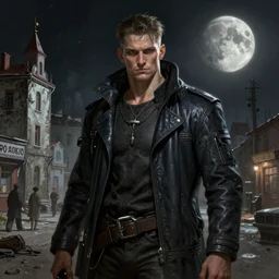 A portrait of a cyberpunk thug on the street of a Soviet slum on the moon, Norilsk, sci-fi, fantasy, intricate, very very beautiful, elegant, highly detailed, digital painting, artstation, concept art, smooth, sharp focus, illustration, art by artgerm and greg rutkowski and alphonse mucha