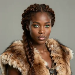 portrait of beautiful barbarian queen, dark brown skin, braided brown hair, green eyes, pelt coats, high fantasy, dnd, smooth, sharp focus, illustration, by rossdraws, alphonse mucha, frank fanzzeta, collectible card art