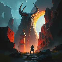 horned giant next to open portal to. grand. narita boy game. art by pedro correa and beksinski r / characterart