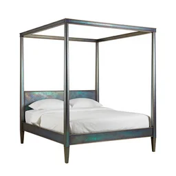 iridescent four poster bed, high detail macro photography, isolated on a pure white background, centered, entire object in frame, sharp focus, soft studio lighting