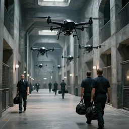 Black brutalist quadcopters swarm the wide hallways in a futuristic prison underground with brutalist architecture, staff can be seen carrying black duffel bags, sigma 85mm f/1.4, 4k, depth of field, high resolution, 4k, 8k, hd, full color
