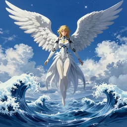 fantasy landscape, riven, myst, a cyborg angel floating above the ocean, huge waves, clouds, stars, beautiful lighting, vivid colors, intricate, elegant, smooth, concept art, cinematic, unreal engine, wallpaper, by syd mead, terada katsuya, atey ghailan, svetlin velinov, makoto shinkai art style