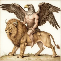a mighty strong creature with the body and eyes of a man, with the beak of an eagle, the mane of a lion, and the horns of an ox. drawn by da vinci