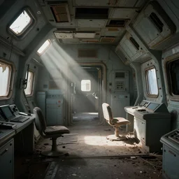 interior of an abandoned space ship, featured on artstation, soft lighting, sun light rays, wadim kashin