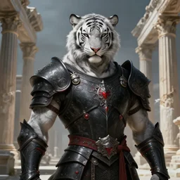 light grey hair portrait knights of muscular male furry albino tiger + smoky eyes, matt black / little red color armor, in ruined agora of athens, ssci - fi and fantasy, intricate and very very beautiful and elegant, highly detailed, digital painting, artstation, concept art, frostbite engine, smooth and sharp focus, illustration, art by tian zi and wlop and alphonse mucha
