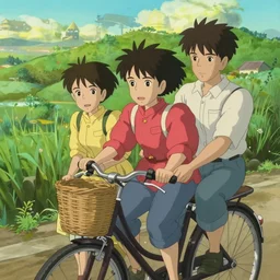 three people share a bike, front and rear seats, lovely, by hayao miyazaki
