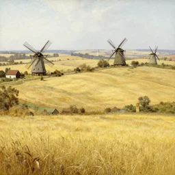 a dry land of rolling pastures and farms with yellow! grass, medieval!, windmills, farms, towers, by asher brown durand and chesley bonestell