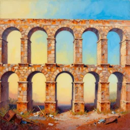 escher style pattern of aqueduct and arches, unfinished acrylic canvas, colorfull, gradient from warm to cold tone, 3 6 0 panorama ( 3 - point perspective ),, texture of old rust and trash