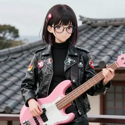 anime girl dressed in a leather jacket with multi - colored badges and fashionable glasses stands on the roof of a japanese house with a pink bass guitar in her hands against the backdrop of a magical sunset, side view, plays the guitar and sings, comic