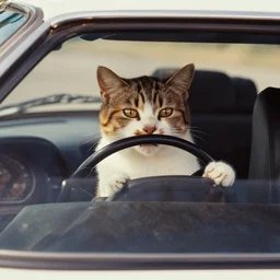 cat driving a toyota supra, view from the interior of the car, 1970s nostalgic filter