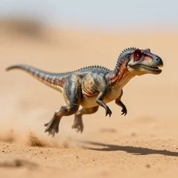 action photography, long shot, award winning macro photo of a tiny ultra detailed dinosaur running fast in desert sand, dirt and dust, fast shutter speed, motion blur, tiny gaussian blur, highly detailed, highly intricate, depth of field, national geographic