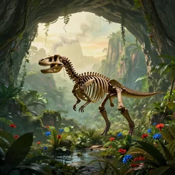 a photo of a dinosaur skeleton in a lush prehistoric jungle cave, leaving a trail of smoke, mountains, vines, water, scattered red and blue flowers, sunrise, lush flora, beautiful artwork, volumetric lighting, haze, hyperrealistic, 8 k