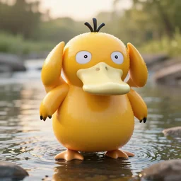 real life pokemon psyduck, adorable, wet, ultra realistic, sharp beak, near a river, golden hour, sharp focus