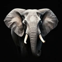 a stylized head of an elephant, geometric patterns, black background, unreal engine, concept art, album cover