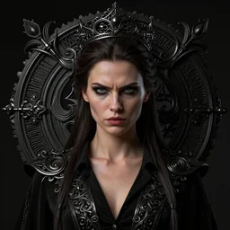 portrait of arrogant powerful young woman with black clothes, by greg rutkowski, by zdzislaw beksinski, very detailed, ornate, intricate, octane render, dark color lighting, volumetric lighting, 8 5 mm