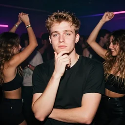 photo of a 4 0 year old white man living thinking he's living the best life possible. he looks young for his age. he is at a dance club, it's as if he were in a music video. sadly he did not realize there is more to life. woman are flocking to him and can be seen dancing around him in a seductive manner.