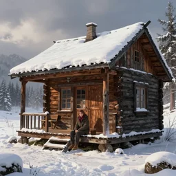 adelaide kane sitting on the porch to a large snowy wooden cabin, artstation, jakub rozalski, high detail