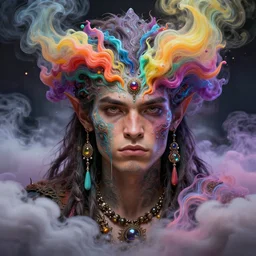 young barbarian celebrating his birtday into colorful liquid smoke and clouds, dmt, psilocybin, lsd, face, detailed, intricate, elegant, highly detailed, digital painting, artstation, concept art, smooth, sharp focus, illustration, art by hana yata, and artem demura and beeple, octane render, unreal engine, 8 k