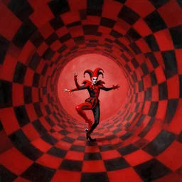 a warping tunnel of red and black checkerboard pattern with a jester dancing in it by peter mohrbacher, vivid colors, matte painting, 8K, concept art, mystical color scheme, trending on artstation
