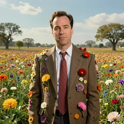 Seinfeld made out of flowers, surreal landscaping in the background, portrait by Esao Andrews, concept art, existential horror, 4k HD, trending on ArtStation episode