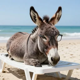 Donkey with cool glasses lying on a sunbed at the beach