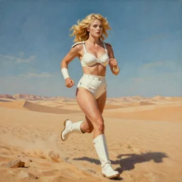 A mixed media portrait painting of a beautiful blonde woman running on a desert alien planet, soldier, very curvy, aesthetic! white high-waisted bikini-armor and boots, aesthetic symmetrical face and eyes, Scandinavian, by Boris Vallejo, Beeple, Frank Frazetta, Greg Rutkowski, Christian MacNevin, Alphonse Mucha, epic fantasy character art, high fantasy, CGsociety, 60's Sci-fi Pinup style, exquisite detail, post-processing, masterpiece, cinematic