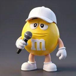 a single yellow m & m candy with white arms and legs holding a microphone, a yellow sphere wearing a white baseball cap, eminem as a m & m candy, m & m candy plush, unreal engine, unreal engine, volumetric lighting, professional food photography