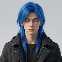 a male teenager with long blue hair and yellow eyes wearing a winter overcoat, hyperrealistic, concept art, octane render, unreal engine 5, trending on artstation, high quality, 8 k, highly detailed, digital art, anatomically correct, symmetrical, realistic and defined face, high coherence, path traced, face portrait, yellow eyes, blue hair