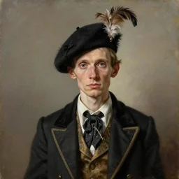 portrait painting of a scrawny man with a feather cap wearing fancy clothes