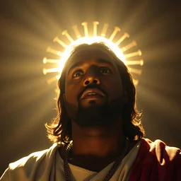 photo portrait of kanye west as jesus in ( skyrim ), sun behind head, saint, holy, splash art, movie still, cinematic lighting, dramatic, octane render, long lens, shallow depth of field, bokeh, anamorphic lens flare, 8 k, hyper detailed, 3 5 mm film grain