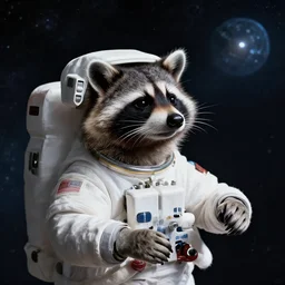 a racoon astronaut looking into the vastness of space thinking about the nature of existence