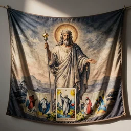 mette frederiksen as a holy saviour, tarot, tapestry