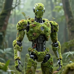 a sci-fi humanoid robot, covered in nature