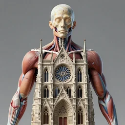 human upper body morphs into a gothic cathedral, rose window at the chest, the head is the dome, hyperrealistic, anatomically correct, medical photography, 3d, 8k,
