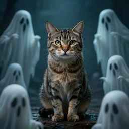 a cat in a world full of ghosts, professional photo, professional lighting, trending on artstation, hdr, by albert bierstadt, well detailed, horror