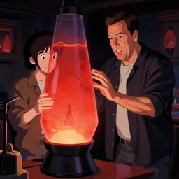 Adam Sandler, catching Nicholas Cage, in a lava lamp, Trending on Artstation, Hiroaki Tsutsumi style