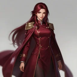 a highly detailed illustration of meisa kuroki as a long dark red haired wearing wine red epaulette uniform and long coat cape, dramatic smiling pose, perfect face, intricate, elegant, highly detailed, centered, digital painting, artstation, concept art, smooth, sharp focus, league of legends concept art, wlop