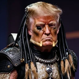 color still shot of donald trump on predator 1 9 8 7, face closeup, fighting