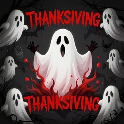 thanksgiving feist horror art, scary, ghosts everywhere, black, white and red