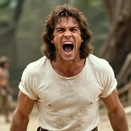 Tarzan wearing t shirt and screaming, film still, potrait, Cinematic scene, Hollywood standard , hd , 8k, focus detailed, best ai image, perfect photo, award winning photo