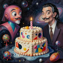 an extremely high quality hd surrealism painting of a 3d galactic neon complimentary colored cartoon surrealism melting optical illusion 4d perspective picasso birthday cake by kandsky and salvia dali the seventh, Salvador dali's much much much much more talented painter cousin, 4k, ultra realistic, super realistic, shadows, depth, surrealistic