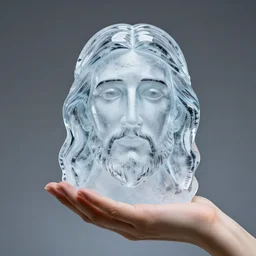 professional photo hand holding ice jesus face!!! studio lighting, very detailed, unreal engine, canon photo!!!!, professional lighting, good composition, rule of thirds, winning award photo, real, hand holding ice jesus face