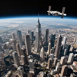 gigantic city seen from spce with cinematic light, 8 k landscape render, space station flying in the sky