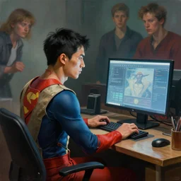 an insanely detailed painting of an asian man wearing a homemade superhero costume, sitting at a desk, staring seriously at the computer and typing, in the style of peter mohrbacher, james jean, rutkowski, dramatic lighting and composition, surreal background, octane render, pixar, trending on artstation, concept art, comic book, view from behind, 8 k