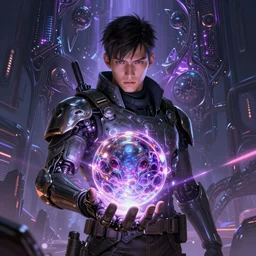 portrait sci-fi art by Greg Rutkowski and Ruan Jia and artgerm, a glowing alien liquid metal orb floating above the hand of a soldier, solar flares, futuristic environment, detailed and intricate environment, fractal biomech, cyberpunk, neon color, purple bioluminescence, chrome, dramatic lighting, cinematic, high technology, highly detailed portrait, digital painting, artstation, concept art, smooth, sharp focus, ilustration, Artstation HQ