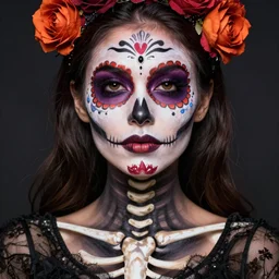 halloween beauty portrait of a skeleton woman of death closeup, the makeup on the face. day of the dead. charming and dangerous calavera catrina, trending on artstation, greg rutkowski, john singer sargent, crop top, intricate