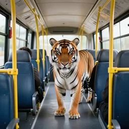 photo of a tiger inside a bus, wide angle, highly - detailed reaslistic