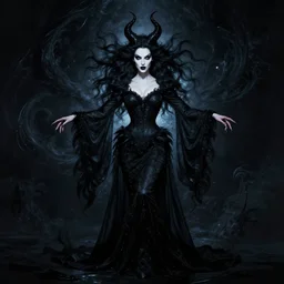 style of j. c. leyendecker, artgerm : : gorgeous willa holland : : evil witch, swirling black magic, black dress : : symmetrical face, symmetrical eyes : : full body pose : : gorgeous black hair : : magic lighting, low spacial lighting : :